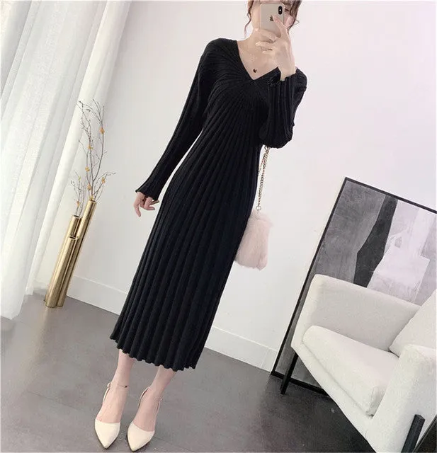 Sexy V Neck Women Knitted Sweater Midi Dresses