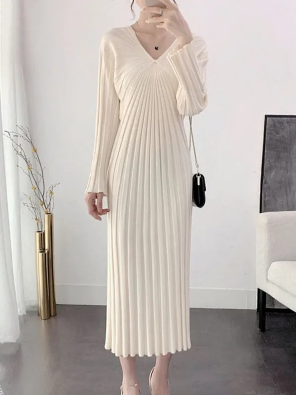 Sexy V Neck Women Knitted Sweater Midi Dresses