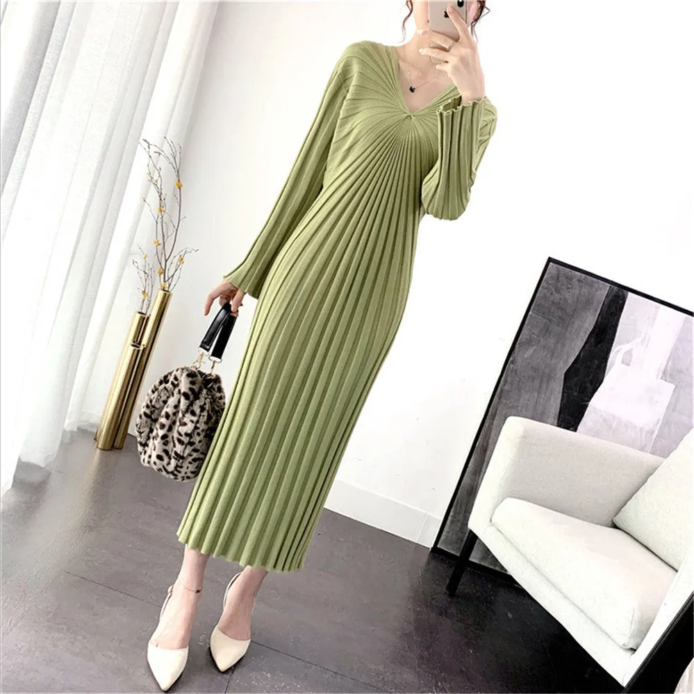Sexy V Neck Women Knitted Sweater Midi Dresses