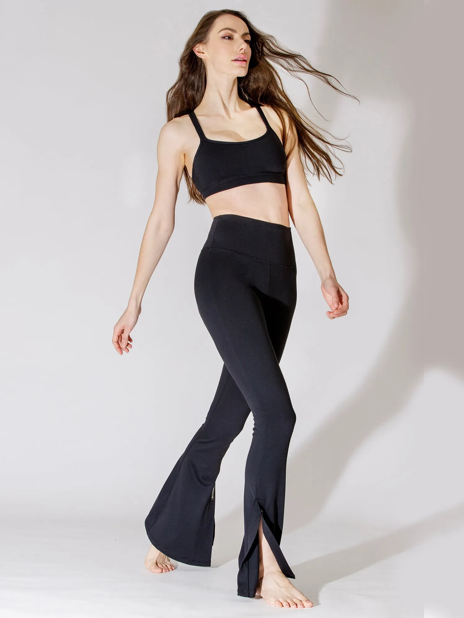 SIDE SLIT HIGH WAIST FLARE PANTS, BLACK