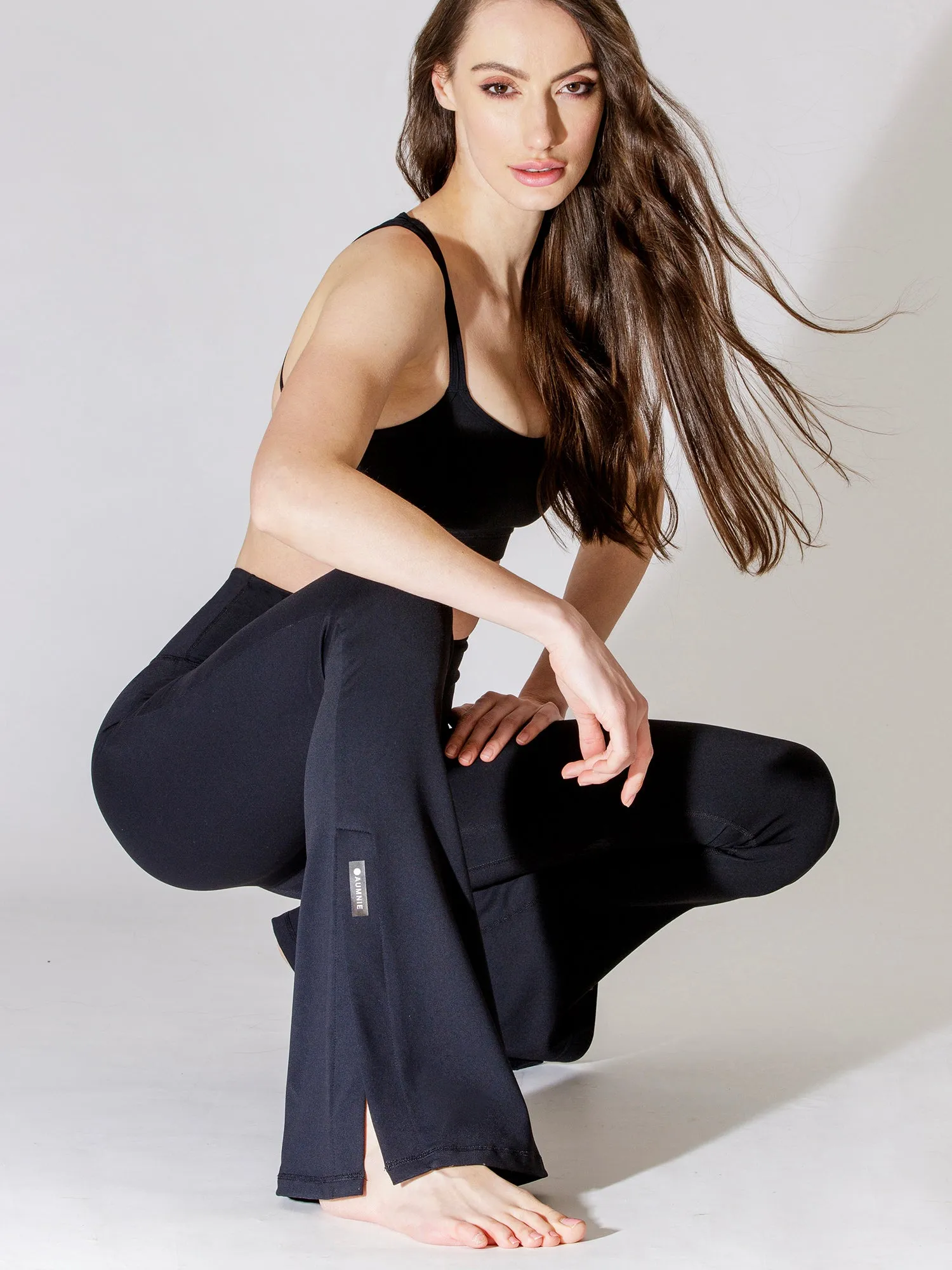 SIDE SLIT HIGH WAIST FLARE PANTS, BLACK
