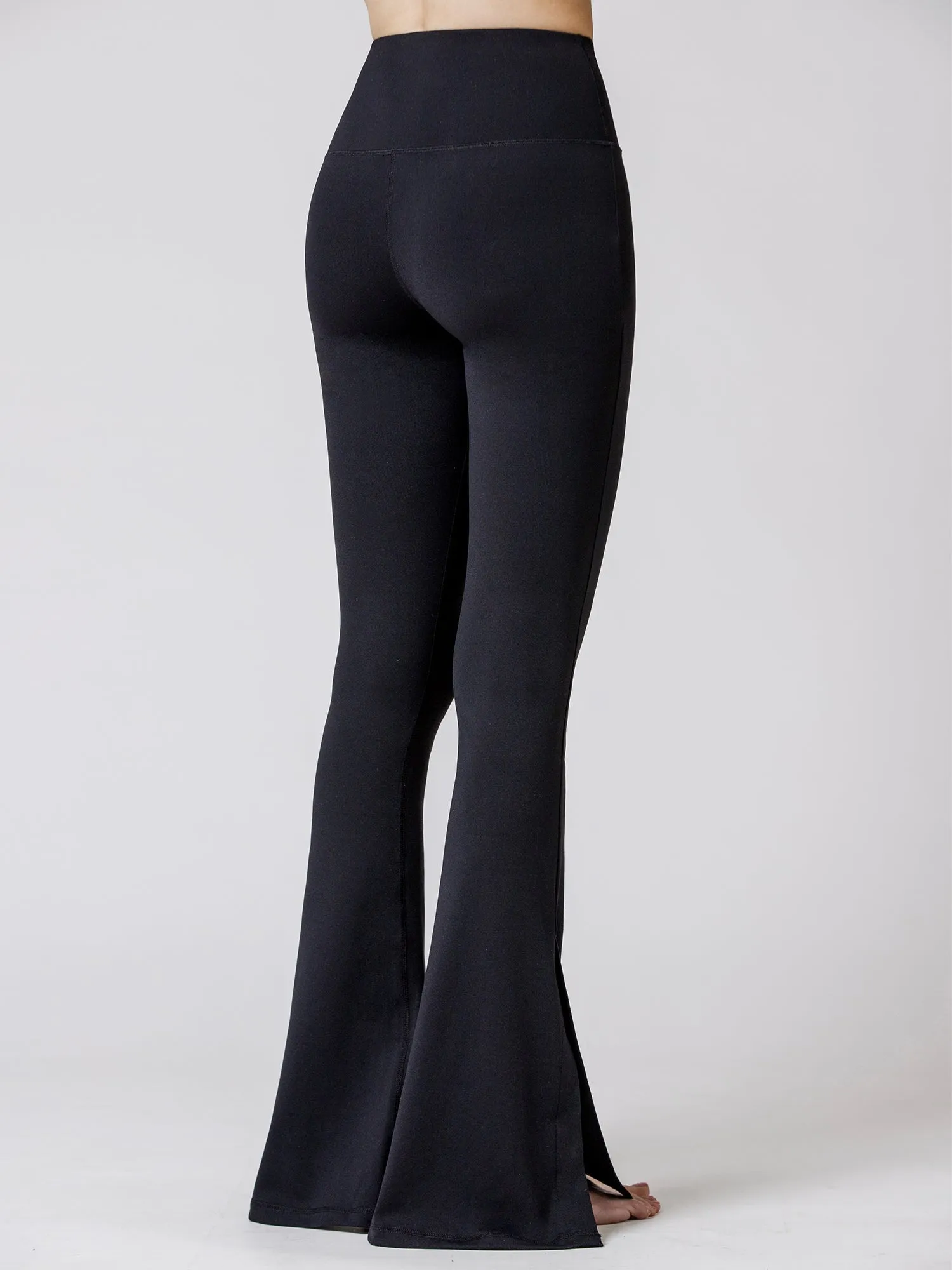 SIDE SLIT HIGH WAIST FLARE PANTS, BLACK