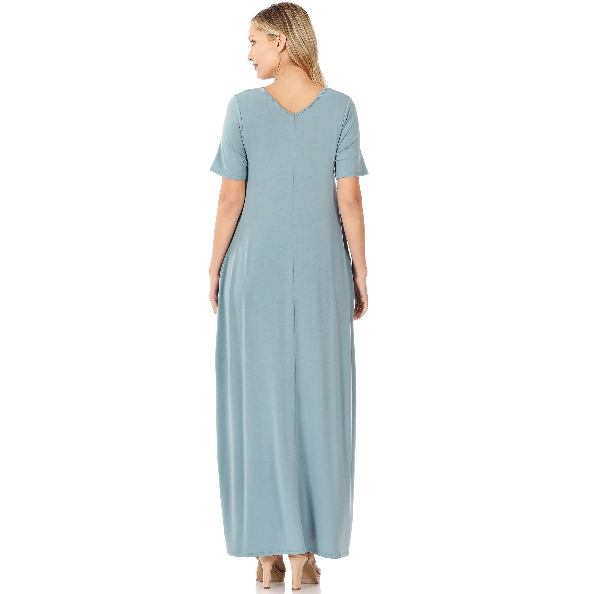 Sleeved Vacation Mode V-Neck Maxi Dress in BLUE GREY