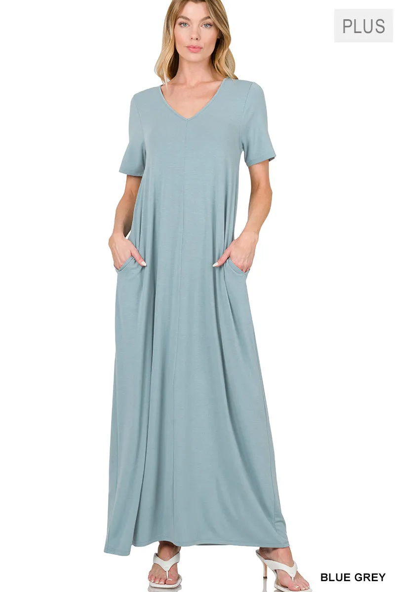 Sleeved Vacation Mode V-Neck Maxi Dress in BLUE GREY