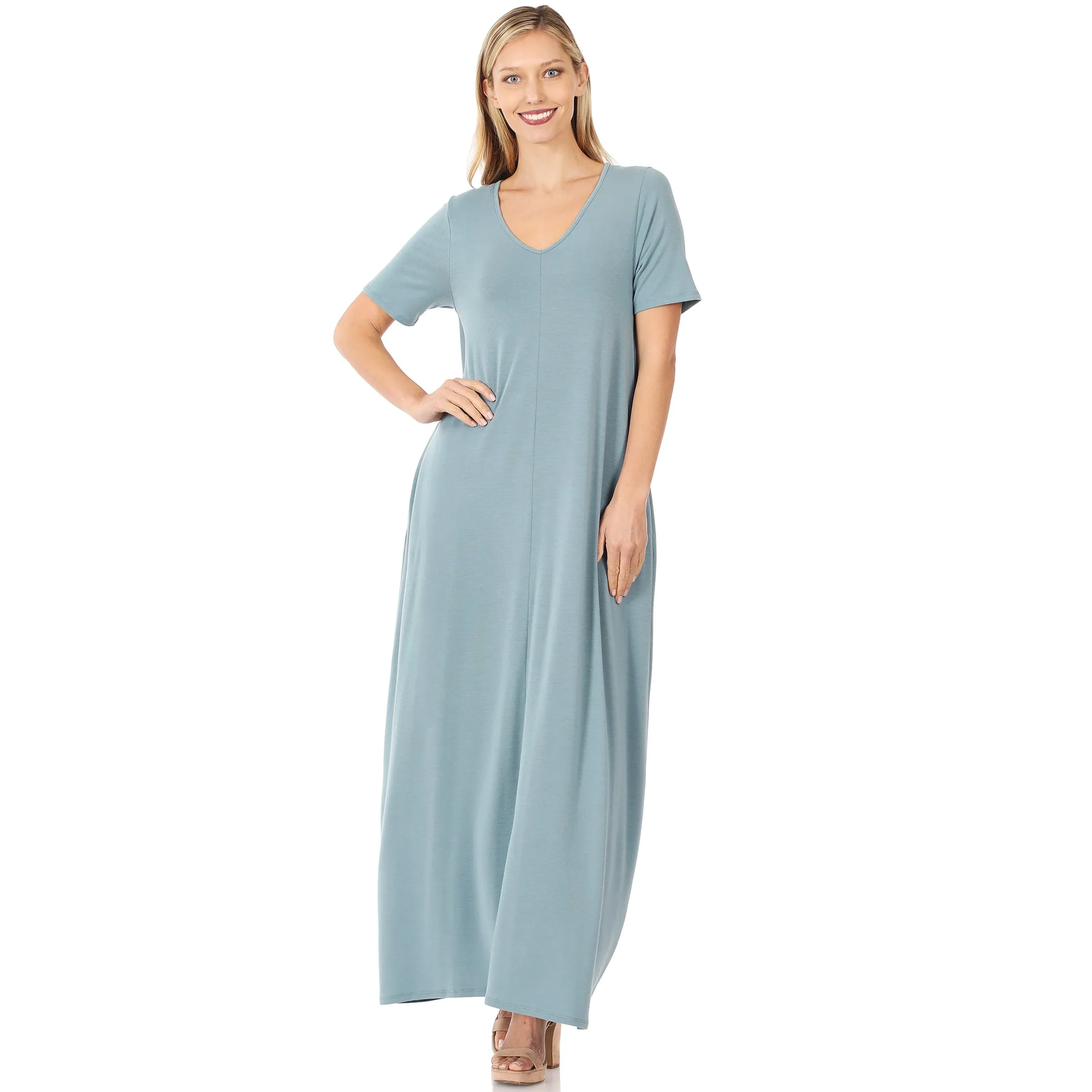 Sleeved Vacation Mode V-Neck Maxi Dress in BLUE GREY