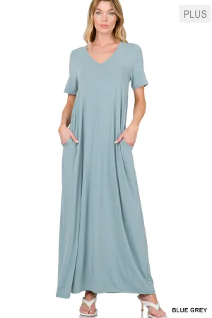 Sleeved Vacation Mode V-Neck Maxi Dress in BLUE GREY
