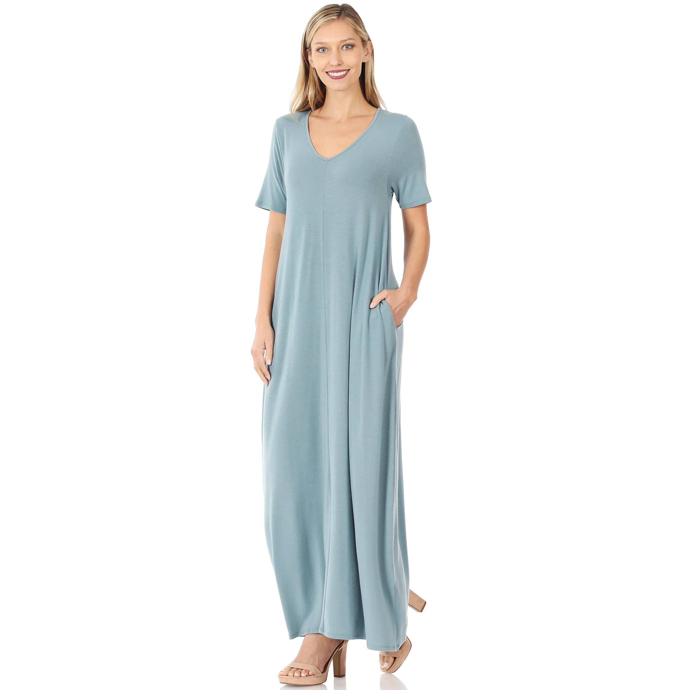 Sleeved Vacation Mode V-Neck Maxi Dress in BLUE GREY
