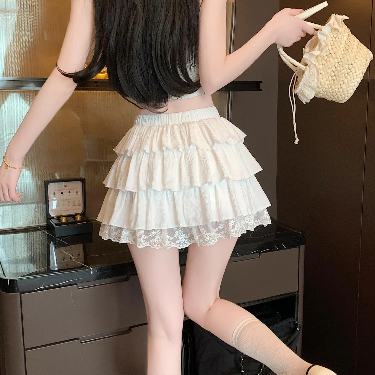 Solid Color A-line Mini Skirt with Patchwork Lace Details