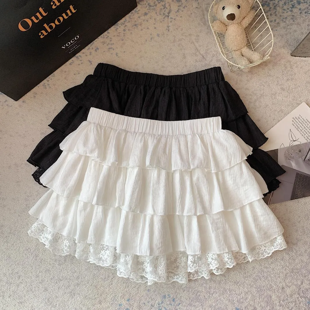 Solid Color A-line Mini Skirt with Patchwork Lace Details