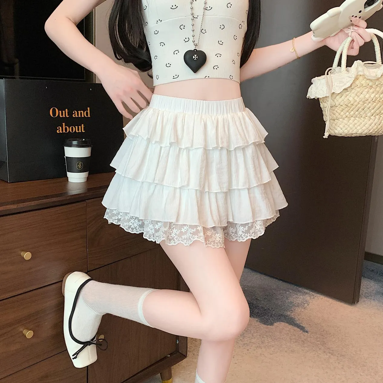 Solid Color A-line Mini Skirt with Patchwork Lace Details