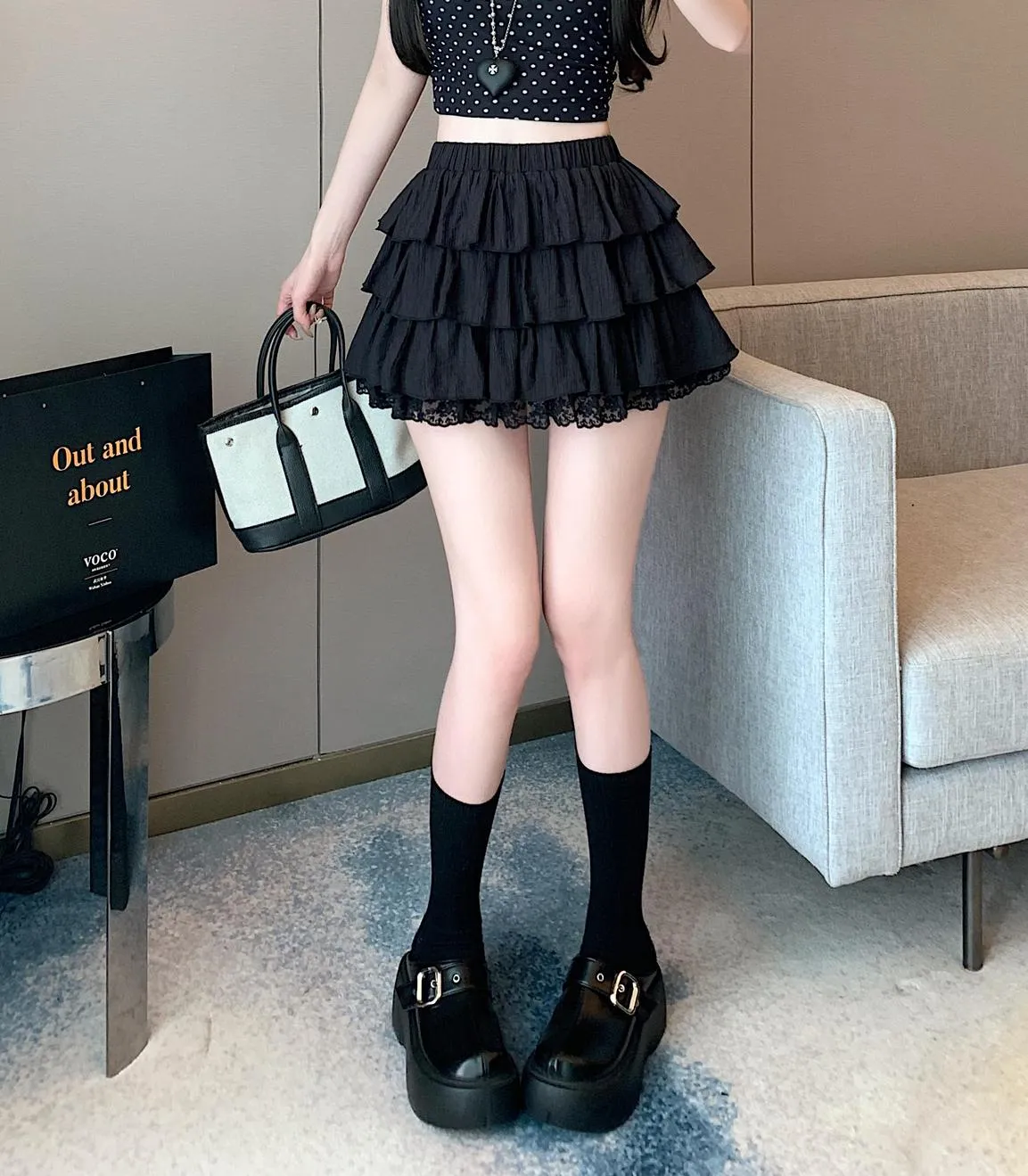 Solid Color A-line Mini Skirt with Patchwork Lace Details