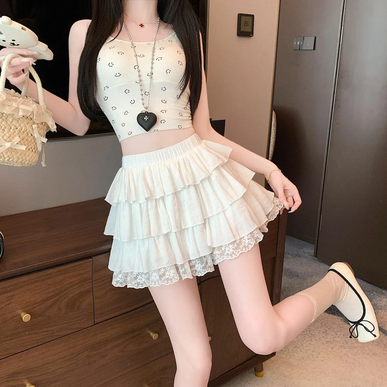 Solid Color A-line Mini Skirt with Patchwork Lace Details