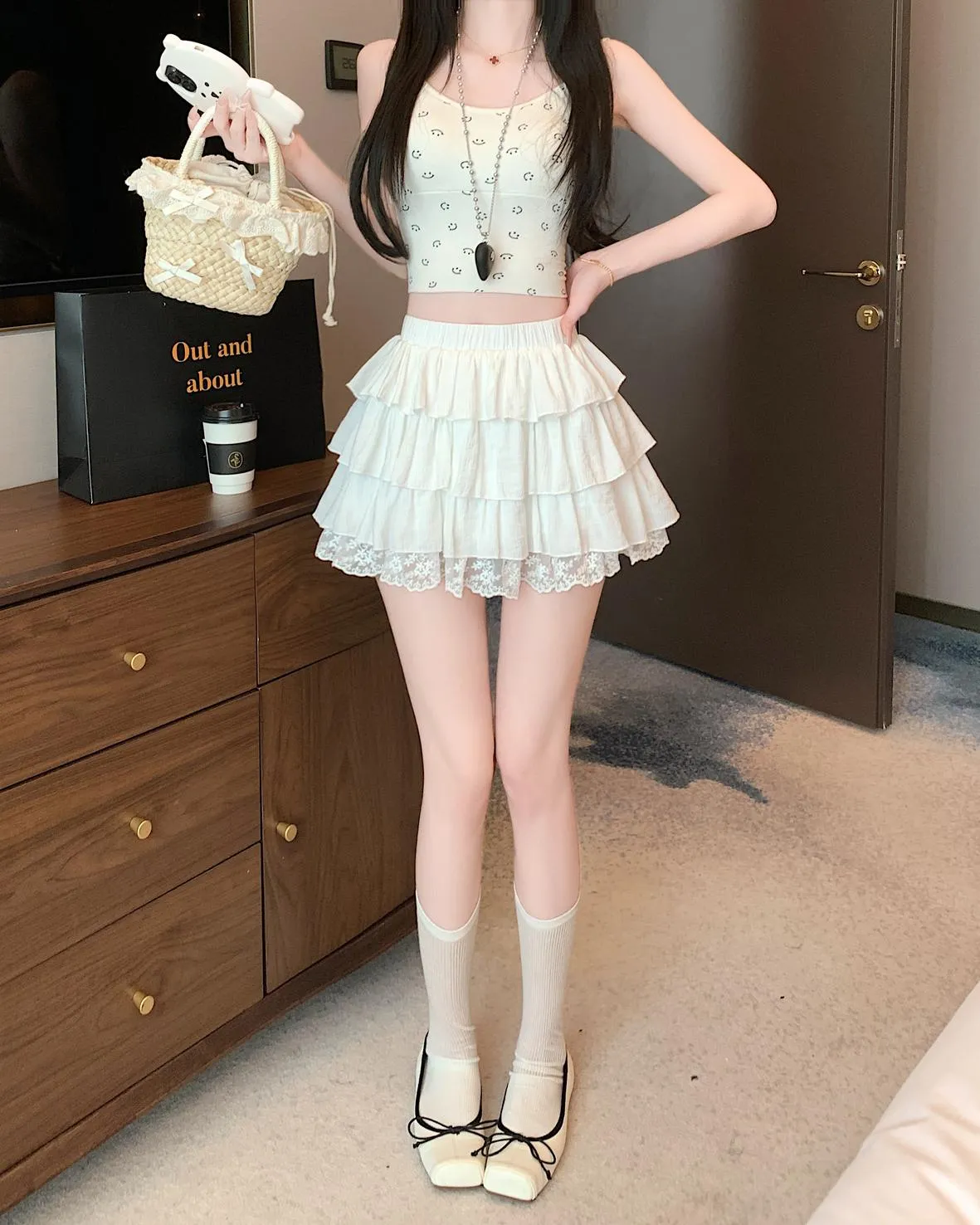 Solid Color A-line Mini Skirt with Patchwork Lace Details