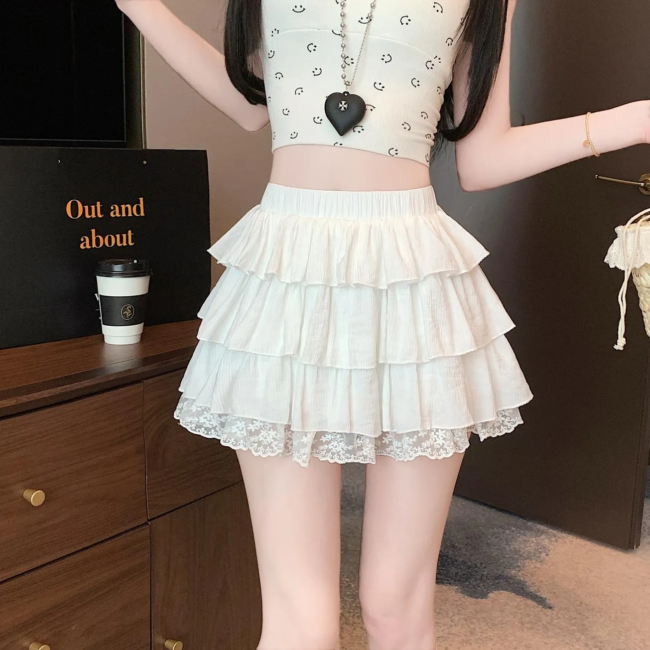 Solid Color A-line Mini Skirt with Patchwork Lace Details