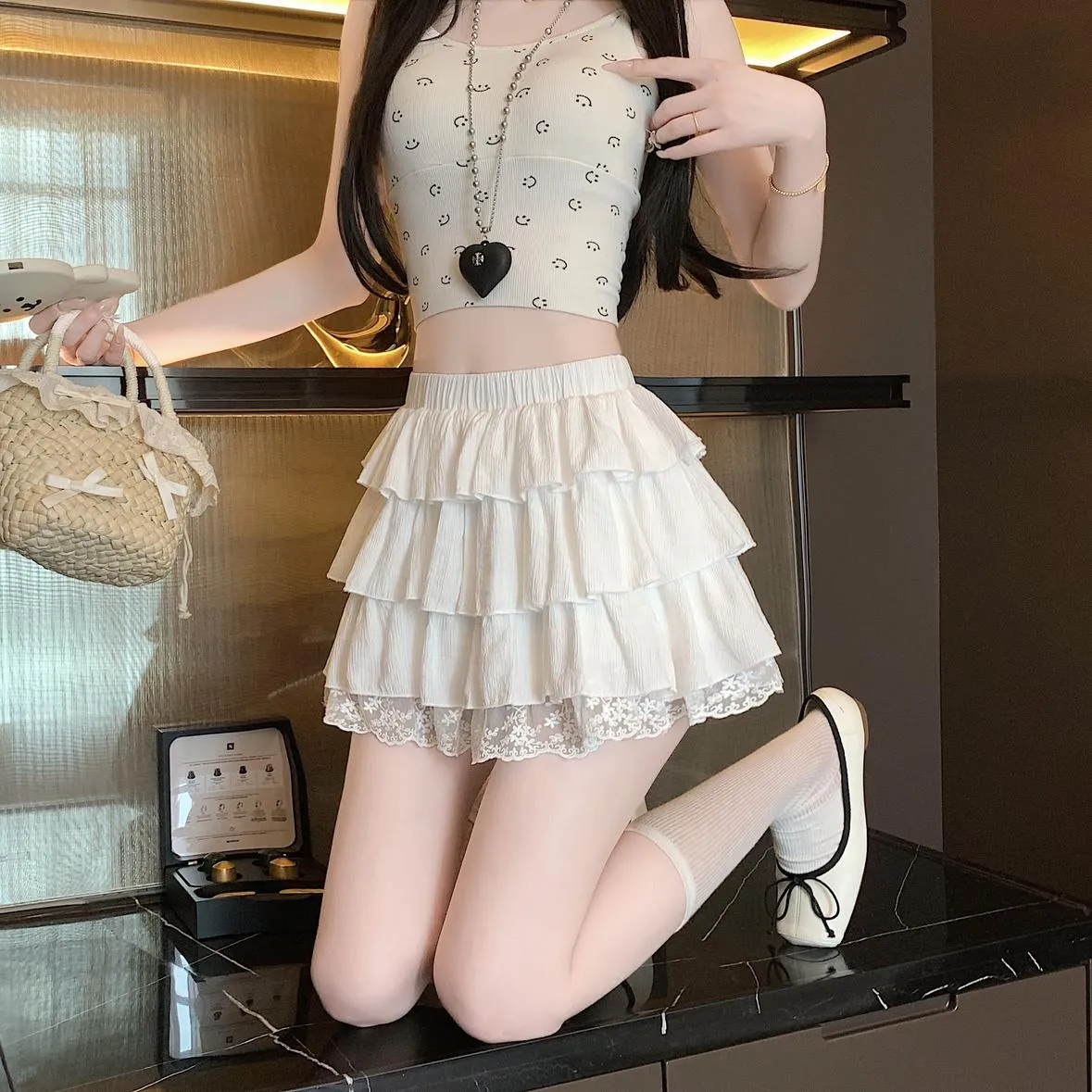 Solid Color A-line Mini Skirt with Patchwork Lace Details