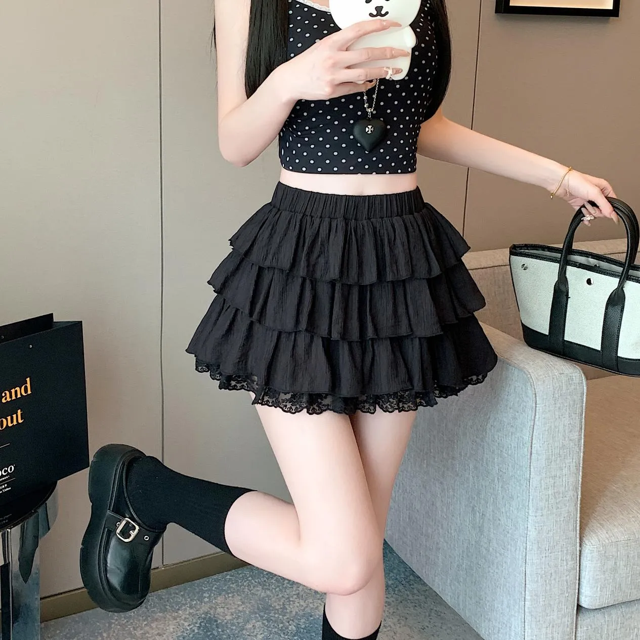 Solid Color A-line Mini Skirt with Patchwork Lace Details