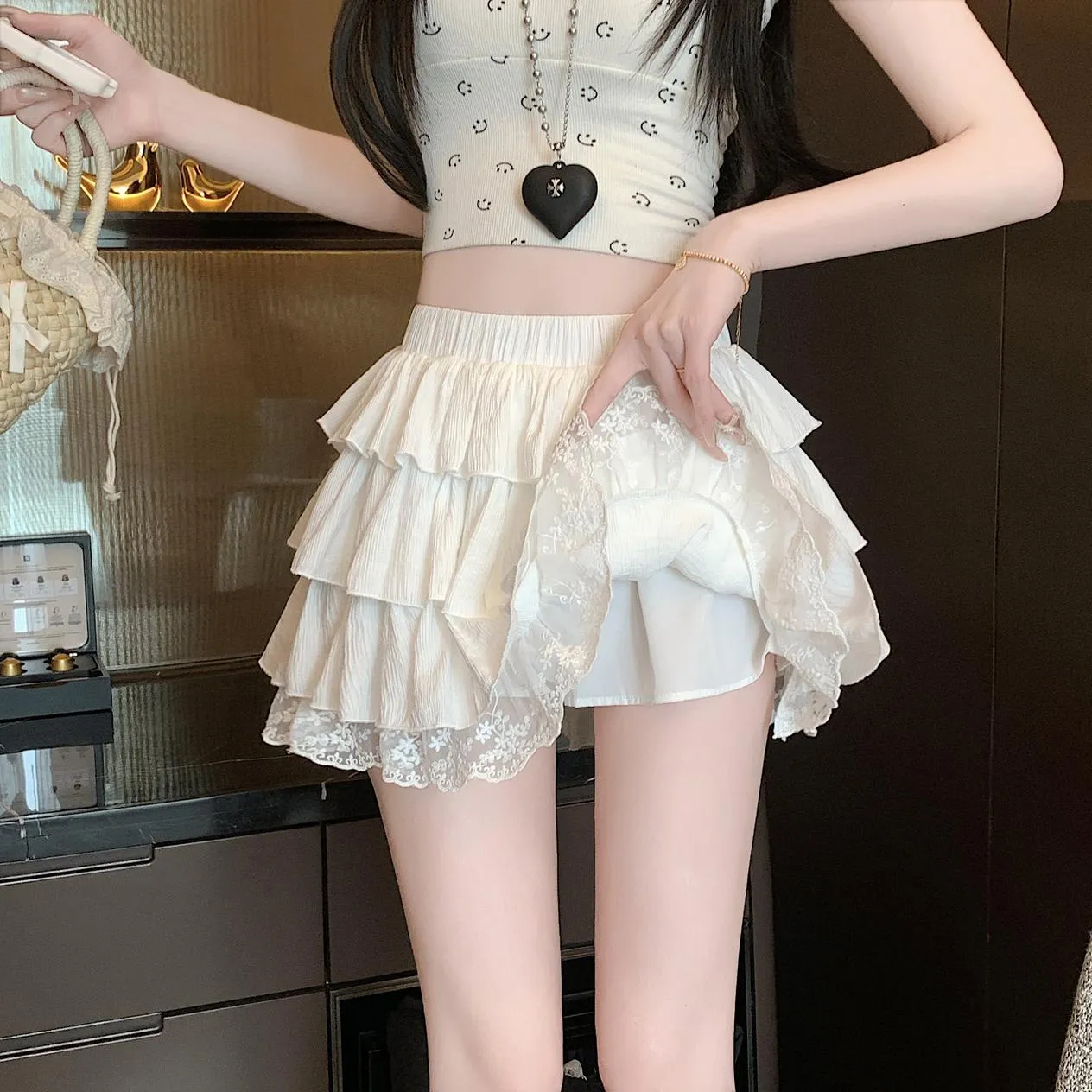 Solid Color A-line Mini Skirt with Patchwork Lace Details