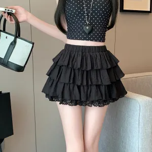 Solid Color A-line Mini Skirt with Patchwork Lace Details