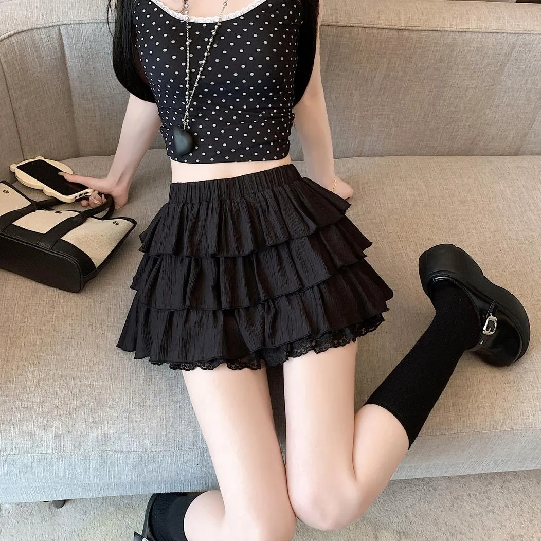 Solid Color A-line Mini Skirt with Patchwork Lace Details