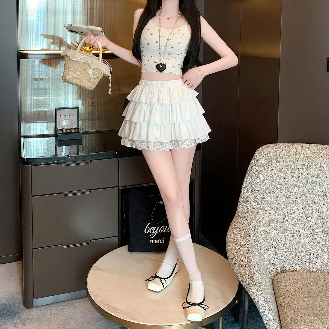 Solid Color A-line Mini Skirt with Patchwork Lace Details