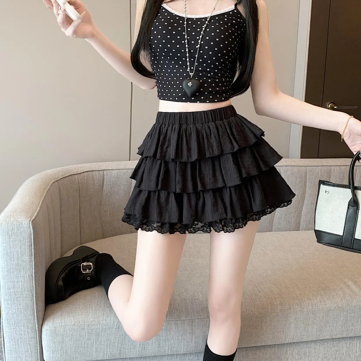 Solid Color A-line Mini Skirt with Patchwork Lace Details