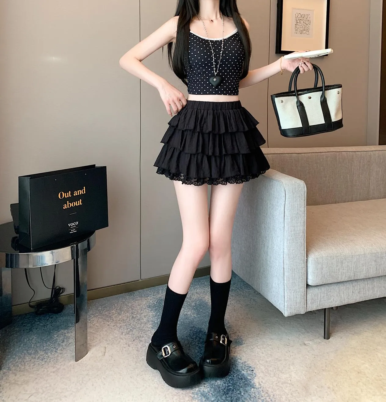 Solid Color A-line Mini Skirt with Patchwork Lace Details