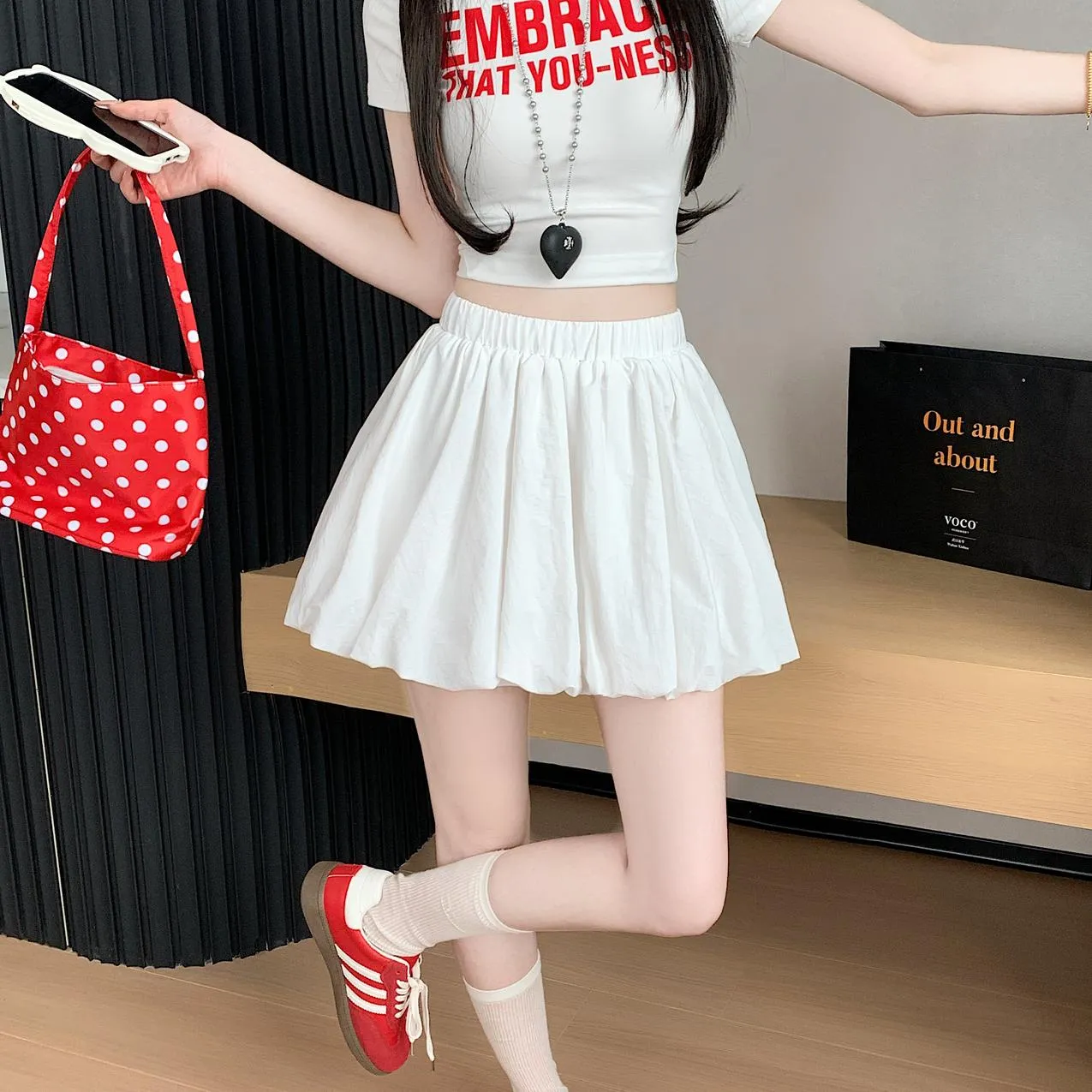 Solid High-Waisted A-line Mini Skirt with an Elastic Waist