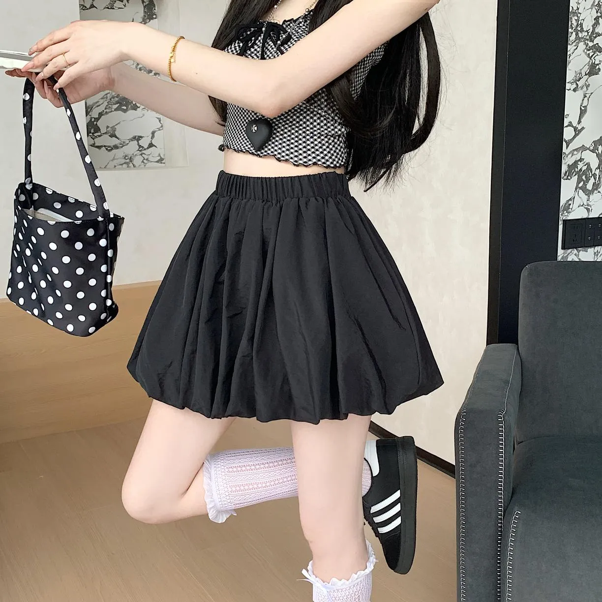 Solid High-Waisted A-line Mini Skirt with an Elastic Waist