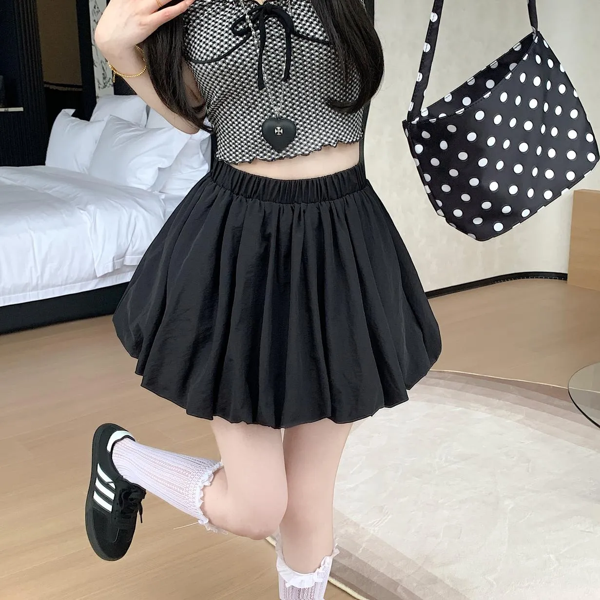 Solid High-Waisted A-line Mini Skirt with an Elastic Waist