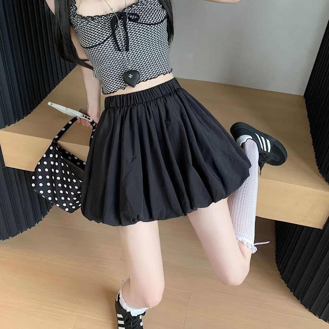 Solid High-Waisted A-line Mini Skirt with an Elastic Waist