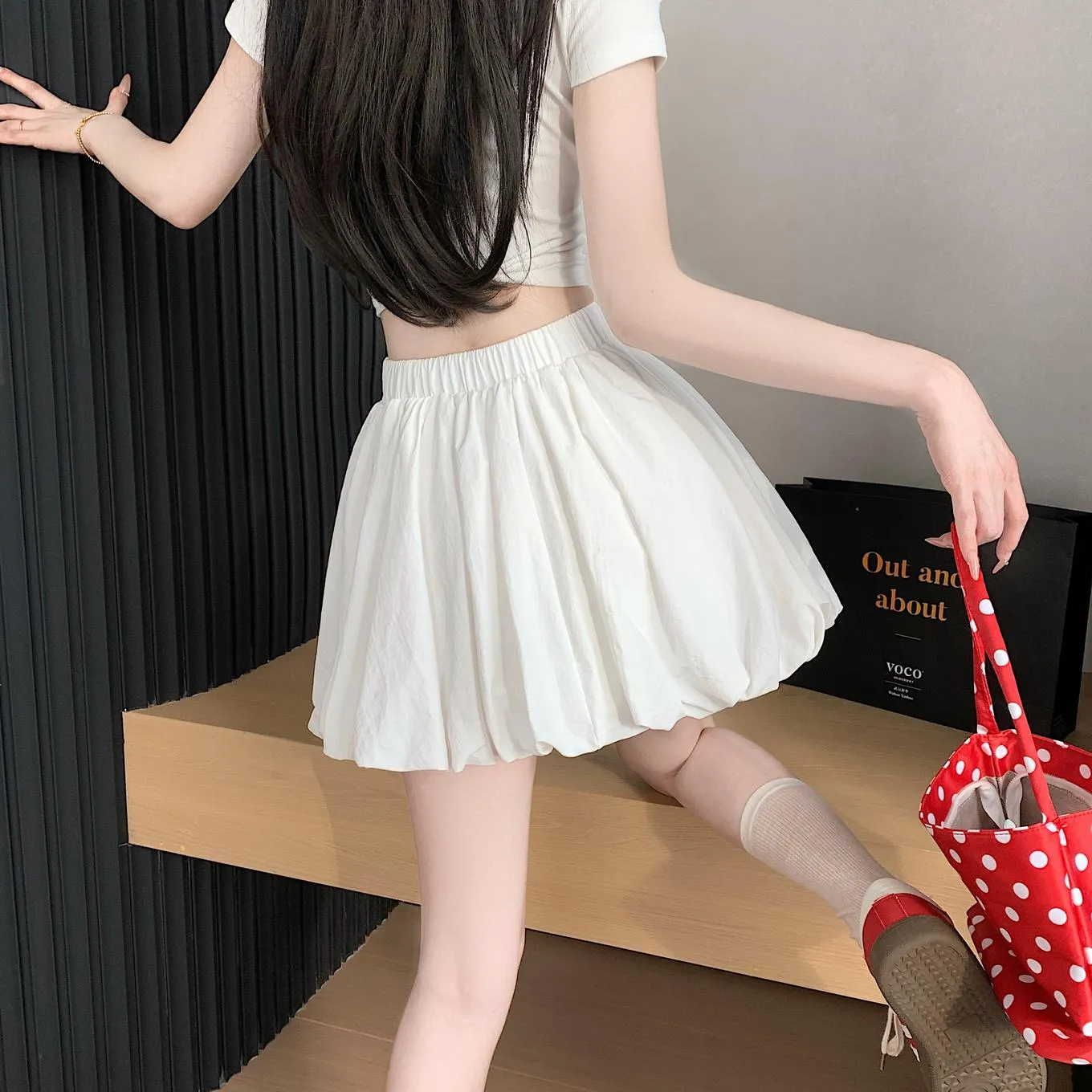 Solid High-Waisted A-line Mini Skirt with an Elastic Waist