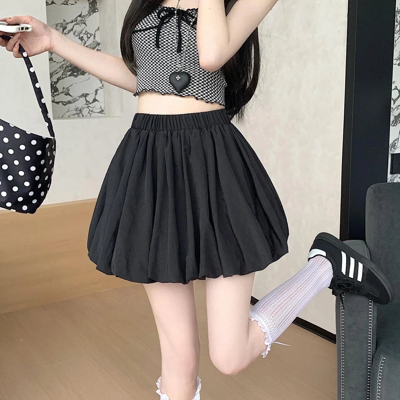 Solid High-Waisted A-line Mini Skirt with an Elastic Waist