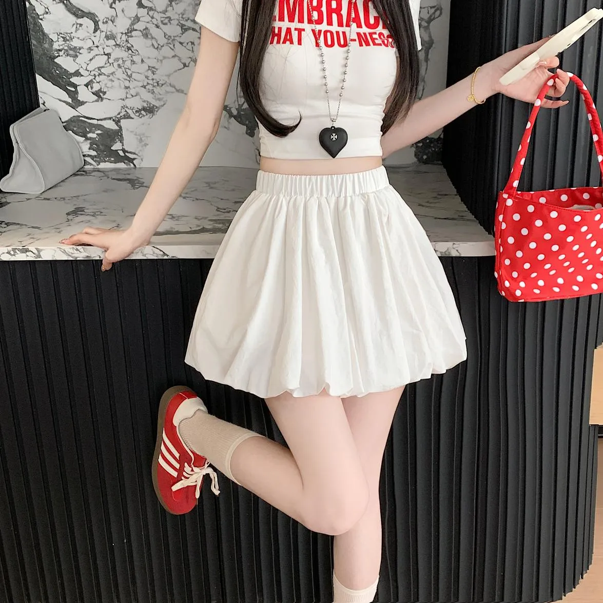 Solid High-Waisted A-line Mini Skirt with an Elastic Waist