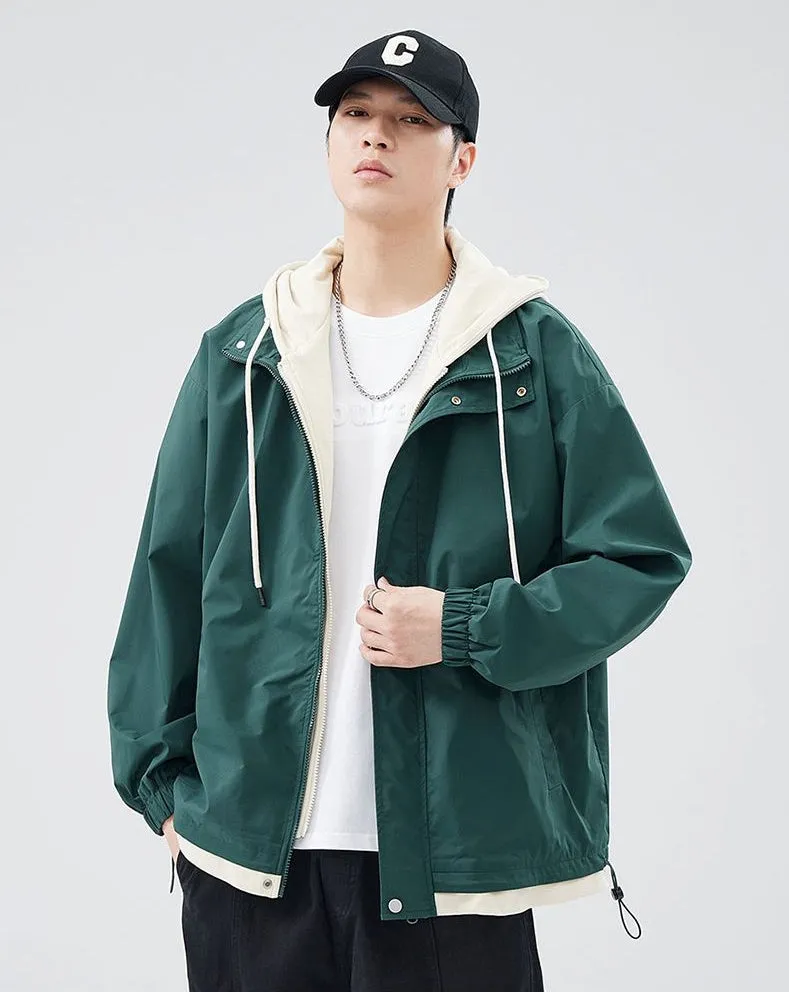 Solid Windbreaker Style Rain Coat with Relaxed-Fit and Cuffs