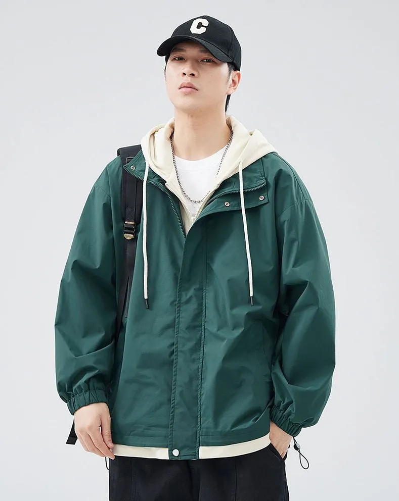 Solid Windbreaker Style Rain Coat with Relaxed-Fit and Cuffs