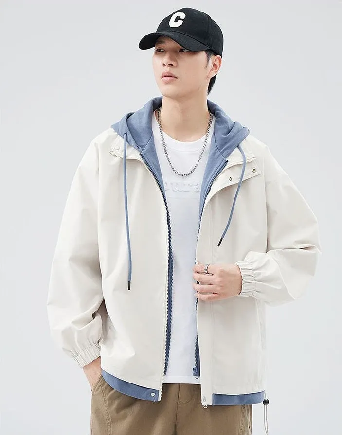 Solid Windbreaker Style Rain Coat with Relaxed-Fit and Cuffs