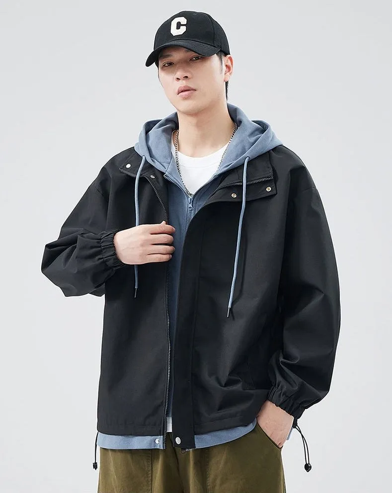 Solid Windbreaker Style Rain Coat with Relaxed-Fit and Cuffs