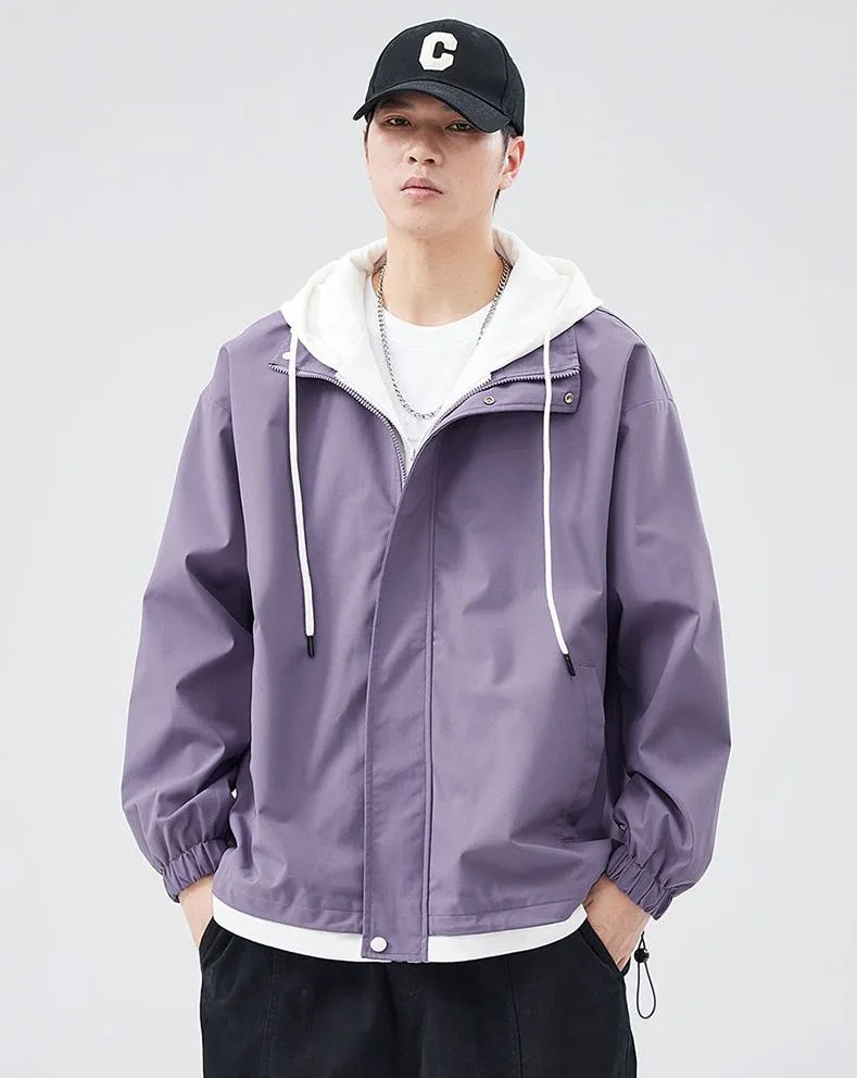 Solid Windbreaker Style Rain Coat with Relaxed-Fit and Cuffs