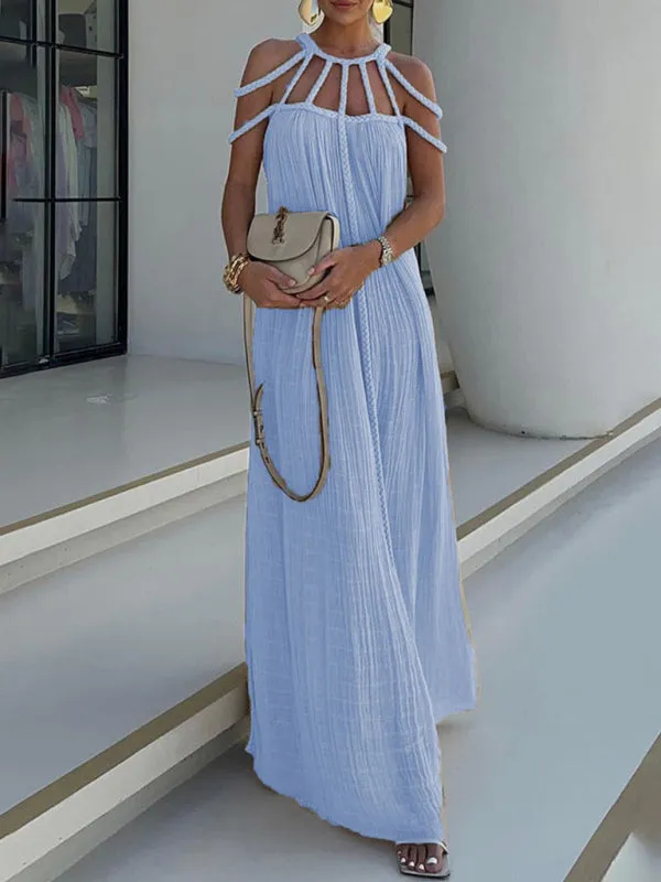Strappy Neckline Maxi Dress with Pleated Texture and Geometric Design
