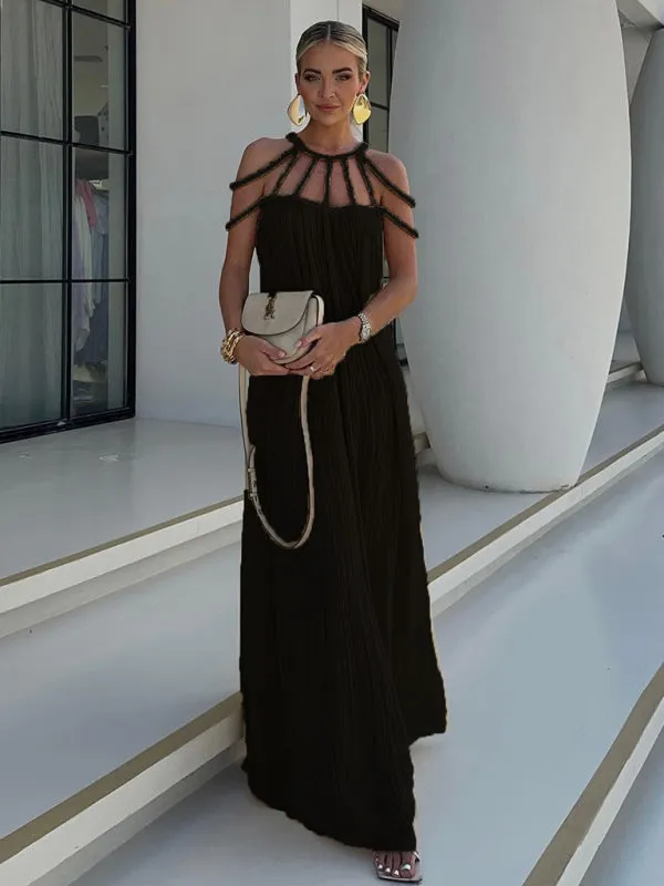 Strappy Neckline Maxi Dress with Pleated Texture and Geometric Design