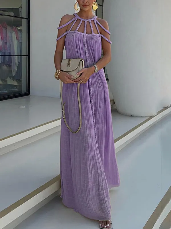 Strappy Neckline Maxi Dress with Pleated Texture and Geometric Design