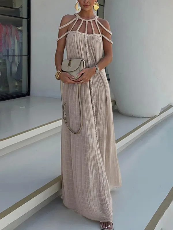 Strappy Neckline Maxi Dress with Pleated Texture and Geometric Design
