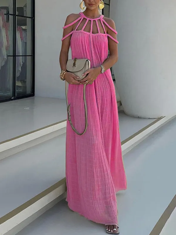Strappy Neckline Maxi Dress with Pleated Texture and Geometric Design