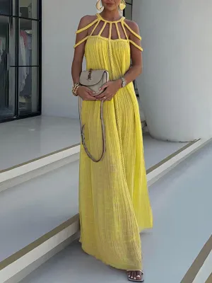 Strappy Neckline Maxi Dress with Pleated Texture and Geometric Design