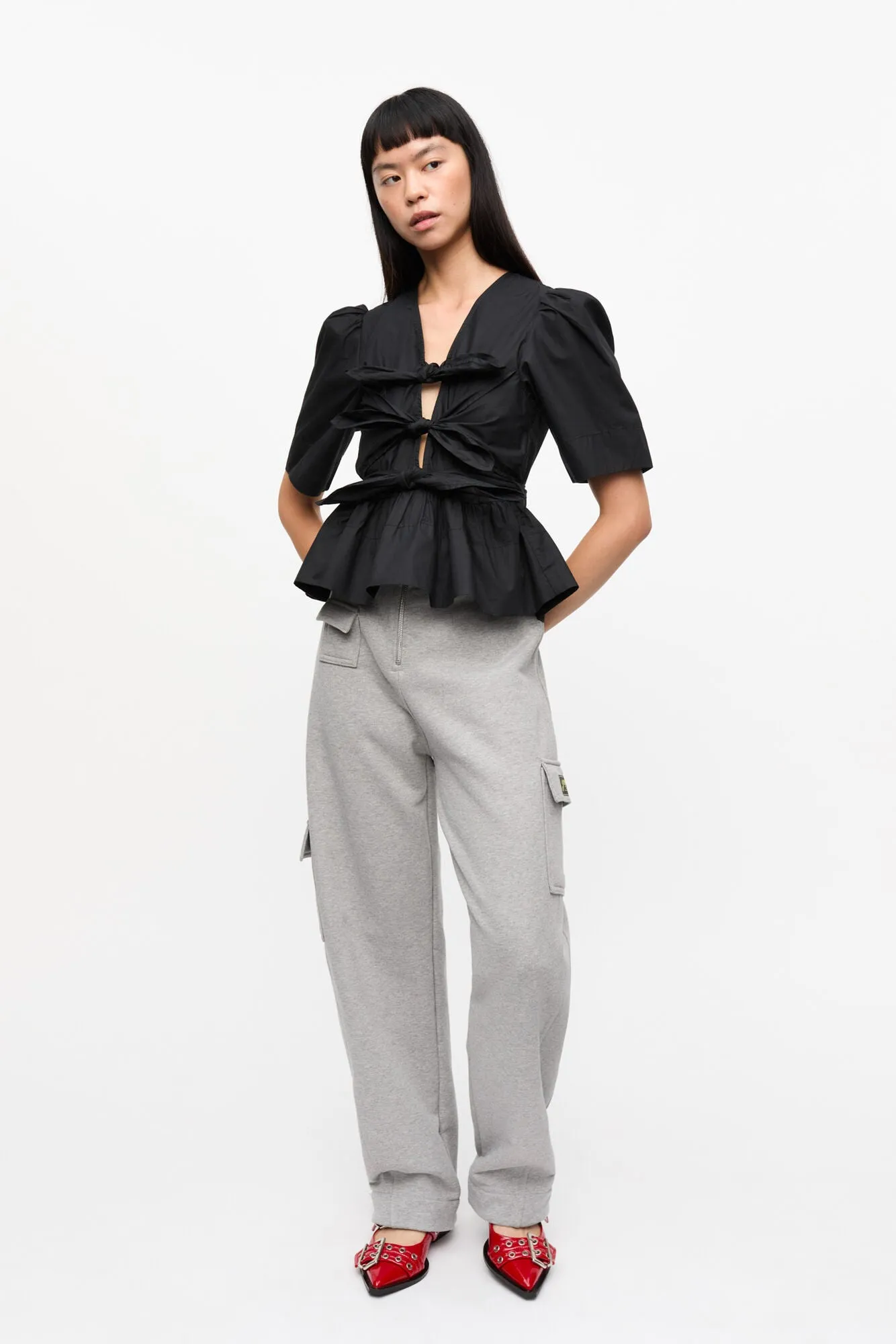 STRETCH COTTON TIE STRAP BLOUSE | BLACK