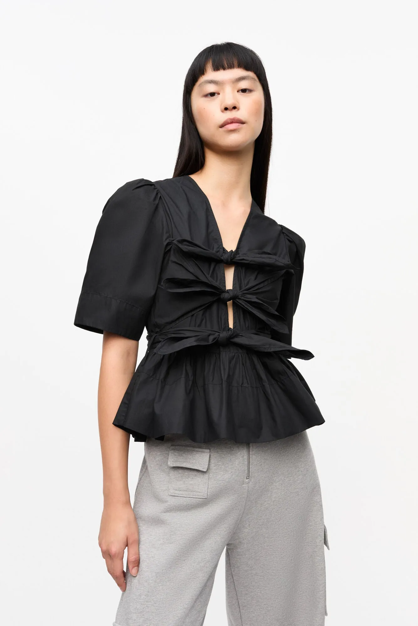 STRETCH COTTON TIE STRAP BLOUSE | BLACK
