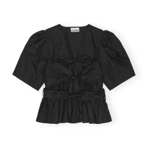 STRETCH COTTON TIE STRAP BLOUSE | BLACK