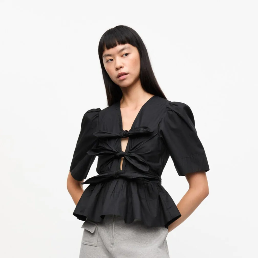 STRETCH COTTON TIE STRAP BLOUSE | BLACK