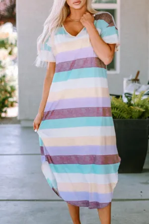 Stripe Block V-Neck Midi T-Shirt Dress