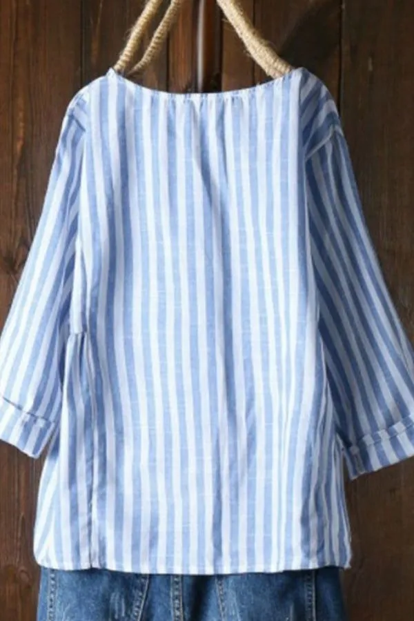 Stripe Printing Round Neck Blouse